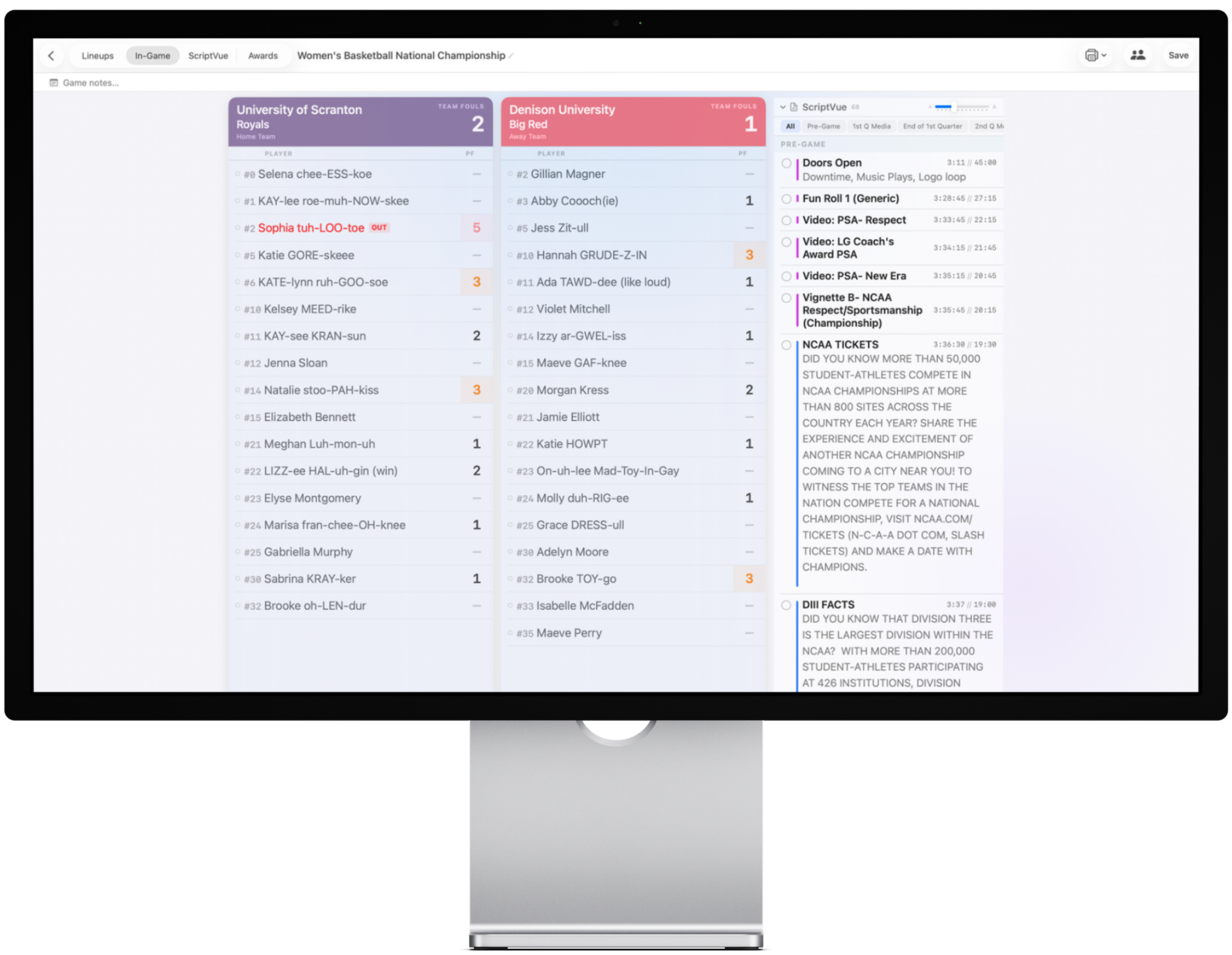 ScriptCenter's live tracking view on a Studio Display with two team rosters and the ScriptVue panel