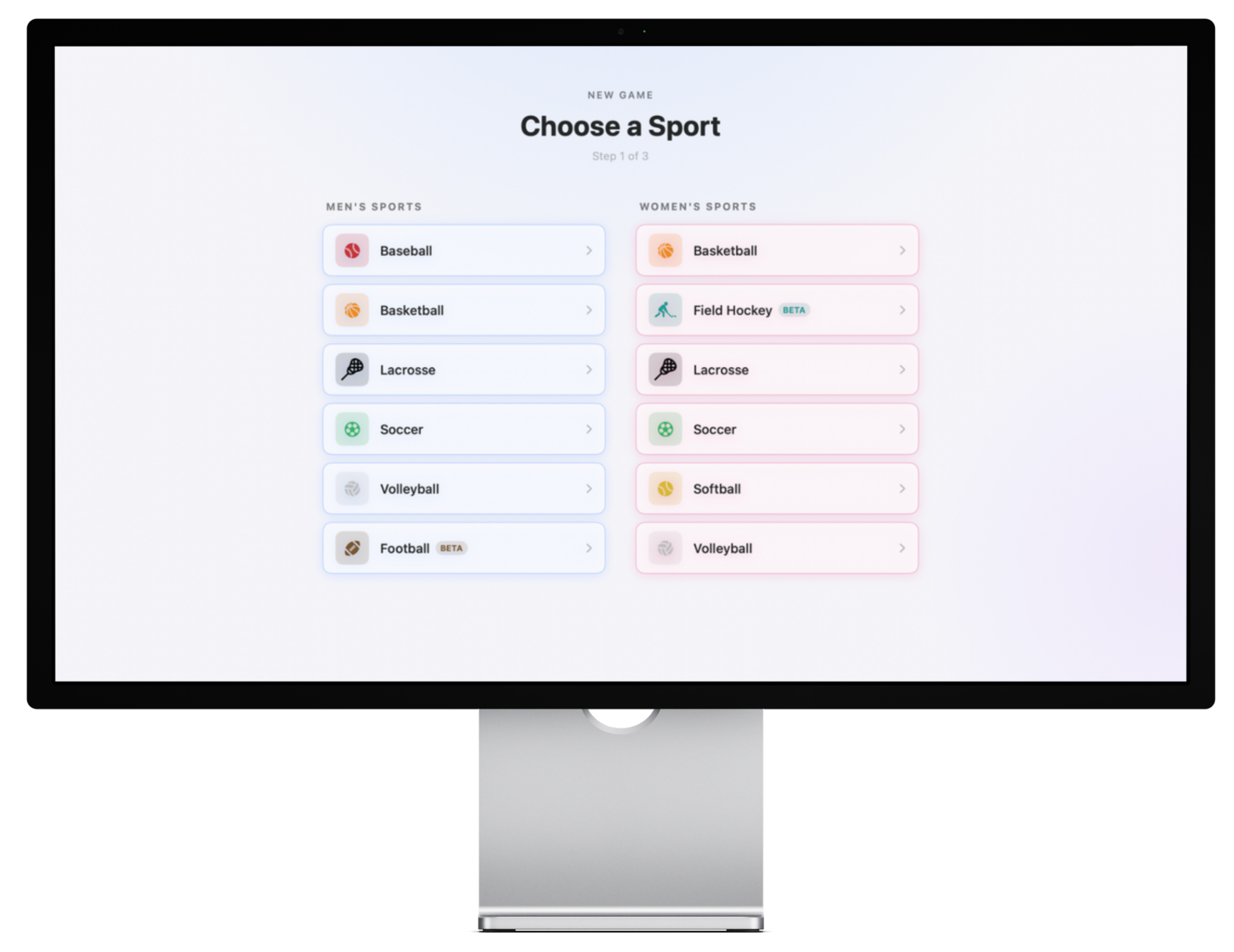 ScriptCenter's Choose a Sport screen on a Studio Display
