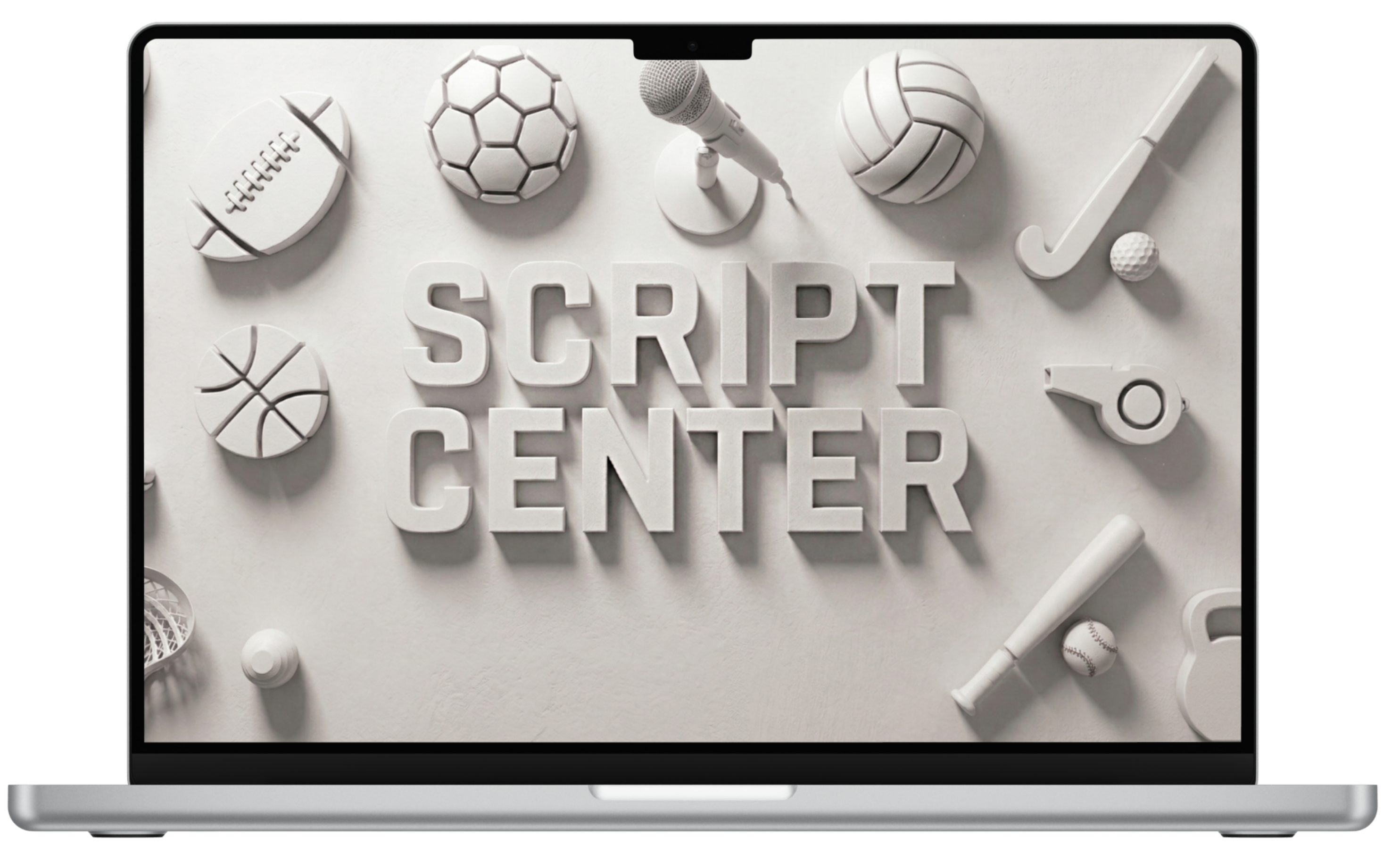 MacBook displaying the ScriptCenter logo, surrounded by sports balls